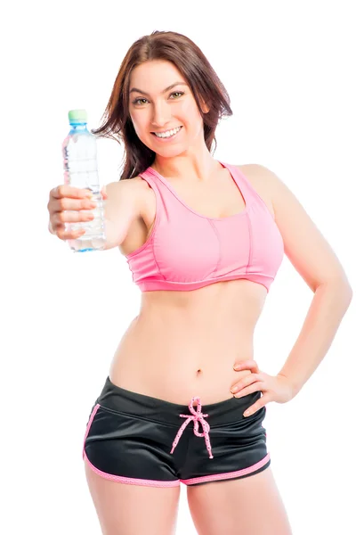Portrait of a girl holding in her hand bottled water — Stock Photo, Image