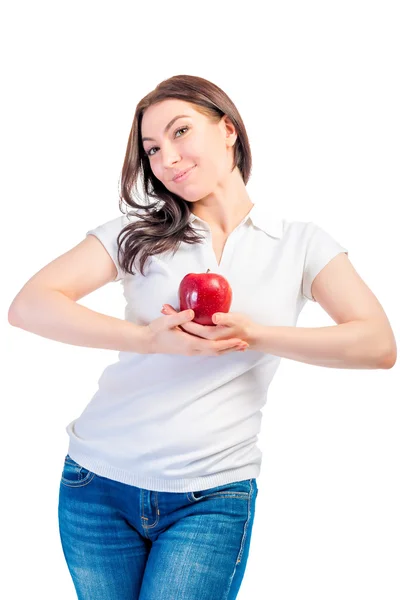 Девушка держит спелое яблоко изолированы — стоковое фото