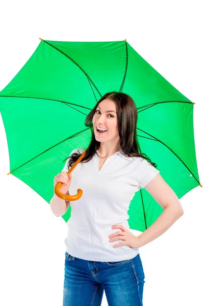 Girl with a green umbrella on a white background — Stock Photo, Image