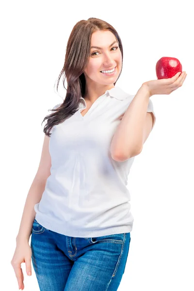 Портрет девушки с красными спелыми яблоками на белом фоне — стоковое фото