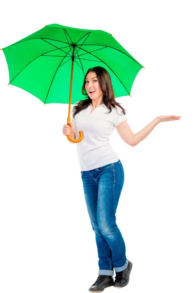 Imagen vertical de una chica con un paraguas verde — Foto de Stock