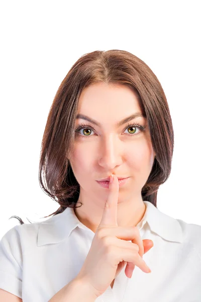 Vertical portrait of a girl with finger on lips — Stock Photo, Image