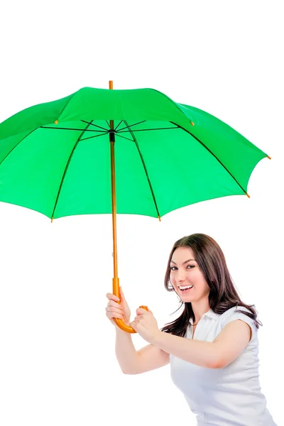 Beautiful woman covers from the rain umbrella — Stock Photo, Image