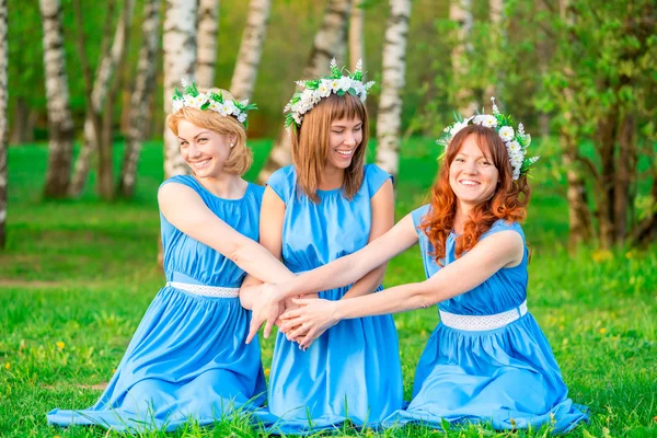 Meninas bonitas esbeltas rindo ao pôr do sol na natureza — Fotografia de Stock