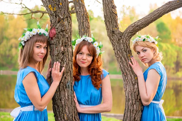 Ritratto orizzontale di tre amici vicino a un albero — Foto Stock