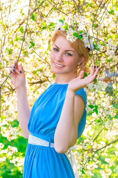 Vacker blondin i en blå klänning i grenarna av blommande c Stockbild