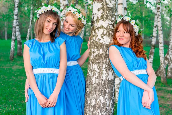 Tre allegra giovane donna nel parco vicino all'albero — Foto Stock