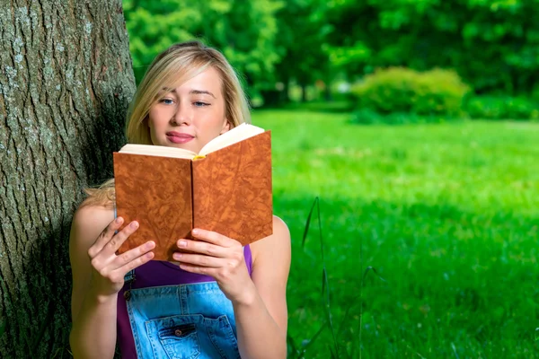 Güzel kız yaz parkta ilginç bir kitap okuma — Stok fotoğraf