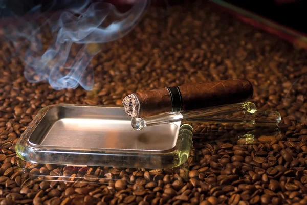 A cigar in an ashtray and a cloud of smoke — Stock Photo, Image