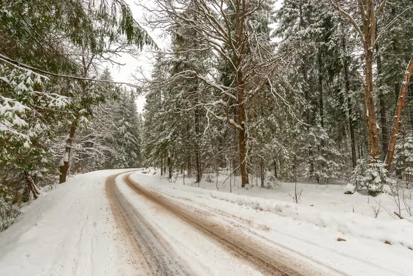 Опасный поворот на узком снежном шоссе — стоковое фото