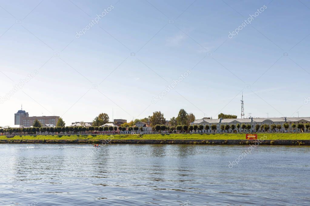 Tver. Tver region. Walk along the Volga. Stepan Razin Embankment. View from the river. Historical buildings on the embankment of Stepan Razin. 18th-19th century