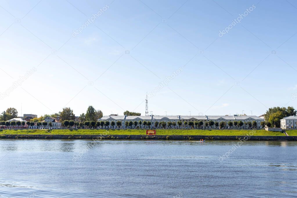 Tver. Tver region. Walk along the Volga. Stepan Razin Embankment. View from the river. Historical buildings on the embankment of Stepan Razin. 18th-19th century