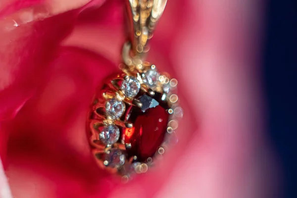 Ανοιχτό Ροζ Τριαντάφυλλο Χρυσό Κόσμημα Μπλε Βελούδο Σταγόνες Νερού Στα — Φωτογραφία Αρχείου