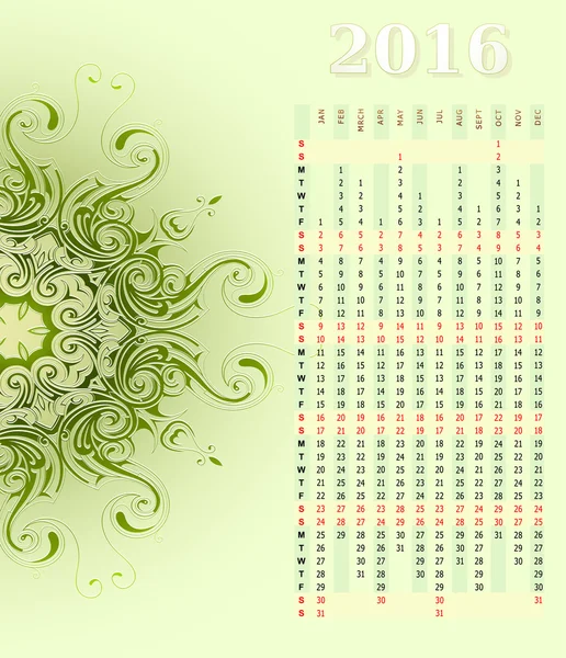 Año 2016 diseño de calendario vertical — Vector de stock