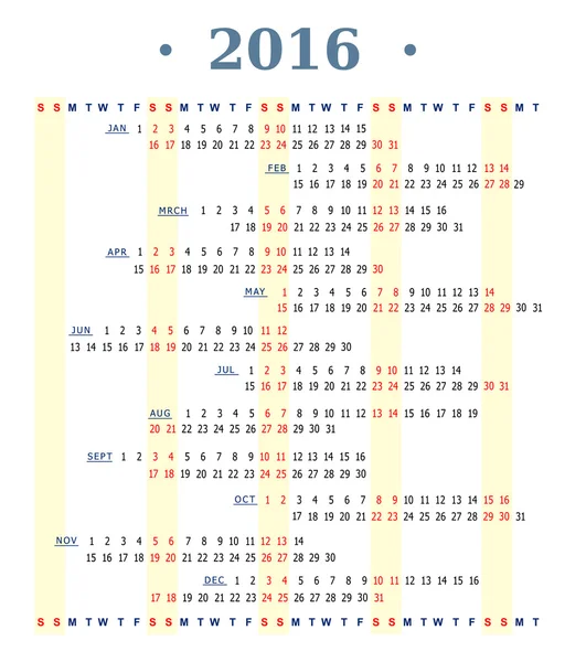 Horizontaler Kalender für das Jahr 2016 — Stockvektor