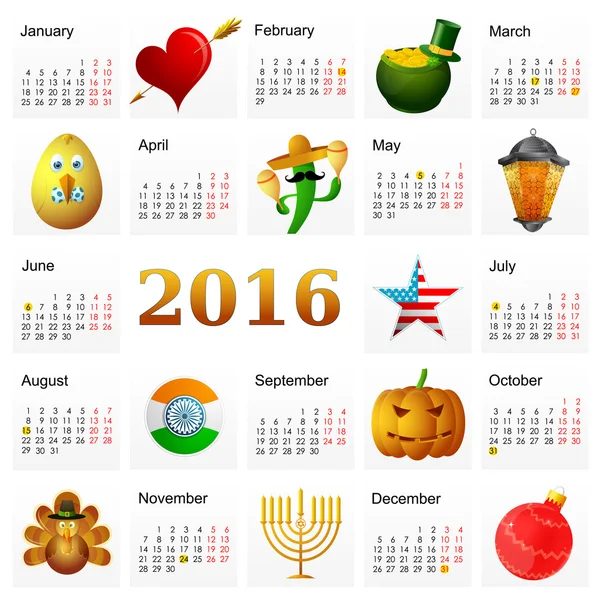 Año 2016 calendario con símbolos navideños — Vector de stock