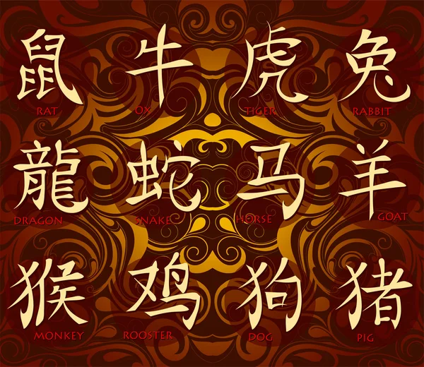 Hieróglifos do horóscopo chinês — Vetor de Stock