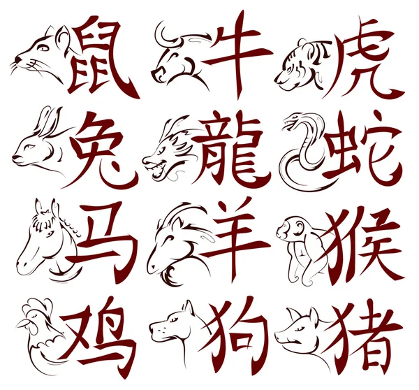 Signes du zodiaque chinois avec hiéroglyphes — Image vectorielle