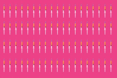 Top view of mosaic or pattern of syringes over Pink background.