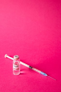 İzole edilmiş Coronavirus aşısı ve tedavi için bir şırınga. Pembe arka plan. Yüksek açı.