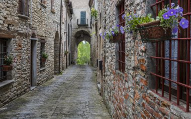 Mombaldone Piedmont çiçekli sokak