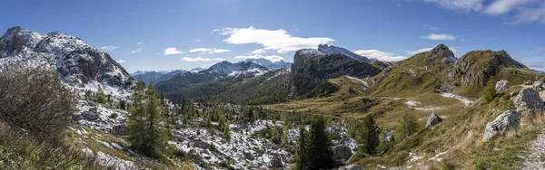 Panorama Des Montagnes Autum Avec Des Mélèzes Col Falzarego Dans — Photo