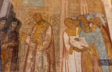 Suzdal, Rusya - 24 Eylül 2019: Suzdal, respublika Tartastan, Rusya 'daki Spaso-Evfimie Manastırı' ndaki Şekil Değiştirme Katedrali 'ndeki Freskolar.