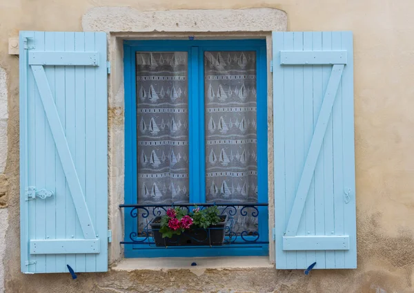 Portas Janela Madeira Azul Com Algumas Flores França — Fotografia de Stock