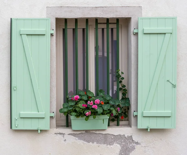 绿色木制窗户百叶窗 开着一些花 — 图库照片