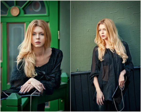 Charming young blonde woman in black blouse posing in front of a green painted door frame. Sexy gorgeous young woman with long curly hair on green wall on background. Portrait of sensual woman — Stock Photo, Image