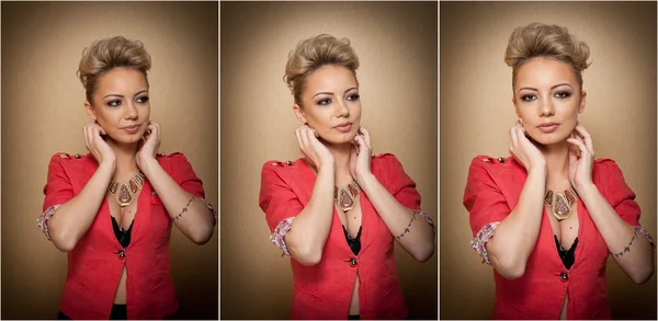 Kapsel en make-up, prachtige vrouwelijke kunst portret met mooie ogen. Elegantie. Echte natuurlijke blonde met kort haar in de studio. Portret van aantrekkelijke vrouw met rode blouse en glamoureuze ketting — Stockfoto