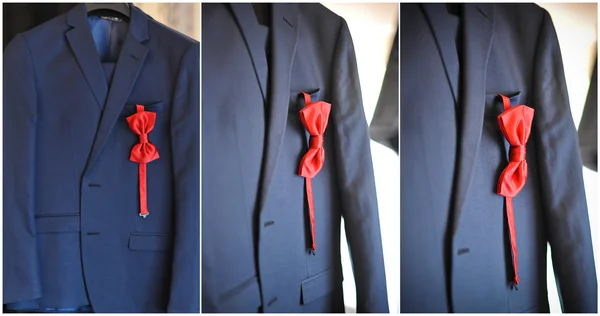 群青色の結婚式のスーツと赤い弓。形式的な新郎赤いちょうネクタイとスーツします。エレガントな青い新郎スーツ蝶ネクタイとクローズ アップ. — ストック写真