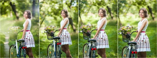 Beautiful girl wearing a nice white dress having fun in park with bicycle. Healthy outdoor lifestyle concept. Vintage scenery. Pretty blonde girl with retro look with bike and basket with flowers — Stock Photo, Image