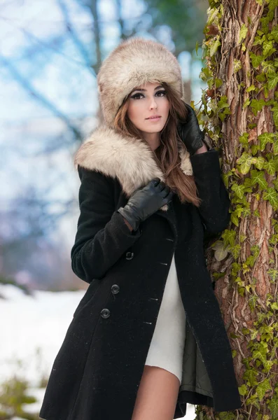 Portrét mladé krásné ženy, venkovní v zimě scenérie. smyslná brunetka s kabát a kožešinové čepici pózuje v parku pokryté sněhem. módní žena v chladný den. — Stock fotografie