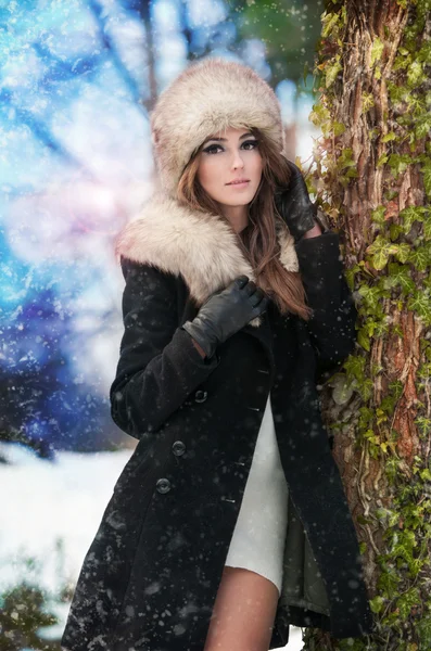 Портрет молодой красивой женщины, съемка на открытом воздухе в зимнем пейзаже. Чувственная брюнетка в пальто и меховой шапке позирует в парке, покрытом снегом. Модная женщина в холодный день . — стоковое фото