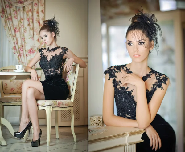 Mujer joven atractiva de moda en vestido negro sentado en el restaurante. Hermosa morena posando en un elegante paisaje vintage con una taza de café. Atractivo corte de pelo creativo dama, interior de lujo —  Fotos de Stock