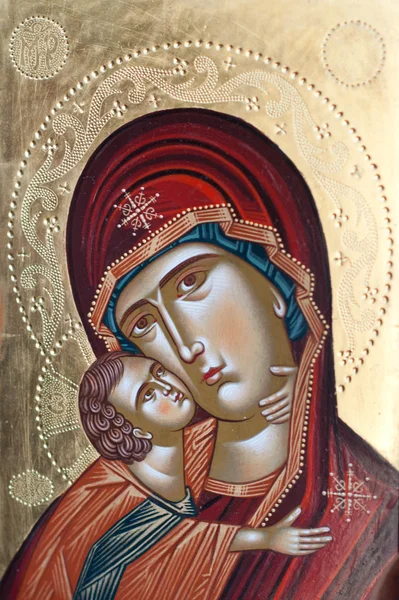 Icono pintado de la Virgen María y Jesucristo. Virgen María y Jesucristo pintadas por un pintor desconocido — Foto de Stock