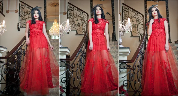 La hermosa chica en un largo vestido rojo posando en una escena vintage. Joven mujer hermosa con un vestido rojo en un viejo hotel. Sensual mujer joven elegante en rojo vestido largo tiro interior . —  Fotos de Stock