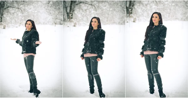 Vista di felice ragazza bruna che gioca con la neve nel paesaggio invernale. Bella giovane femmina su sfondo invernale. Attraente giovane donna in caldi vestiti morbidi all'aperto in una giornata invernale — Foto Stock