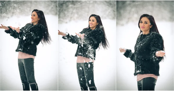 Weergave van gelukkig brunette meisje spelen met sneeuw in de winterlandschap. Mooie jonge vrouw op winter achtergrond. Aantrekkelijke jonge vrouw in warme zachte kleding buiten in een winterdag — Stockfoto