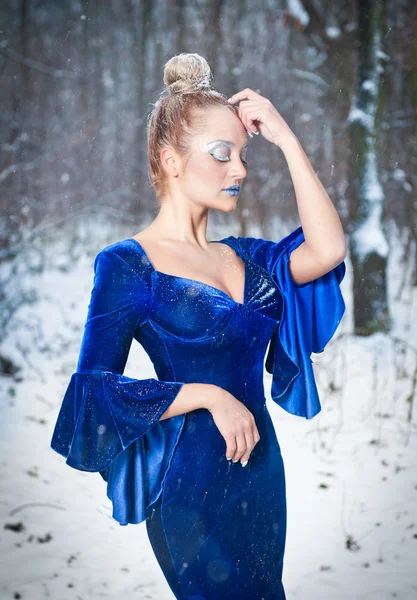 Encantadora joven en elegante vestido azul posando en el paisaje de invierno, aspecto real. Mujer rubia de moda con bosque en el fondo, tiro al aire libre. Glamoroso pelo rubio femenino en la naturaleza - estilo princesa — Foto de Stock