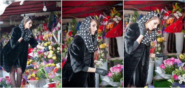 Hermosa mujer morena con guantes eligiendo flores en la floristería. Mujer de moda con gafas de sol y pañuelo en la tienda de flores. Bonita morena en negro eligiendo flores - tiro urbano —  Fotos de Stock