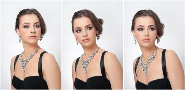 Saç ve makyaj - güzel güzel gözlü kadın sanat portre. Zerafet. Jewelries Studio'yu hakiki doğal esmer. Kırmızı dudaklar ve yaratıcı makyaj ile çekici bir kadın portresi