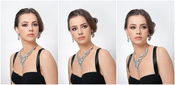 Kapsel en make-up - mooie vrouwelijke kunst portret met mooie ogen. Elegantie. Echte natuurlijke brunette met jewelries in studio. Portret van een aantrekkelijke vrouw met rode lippen en creatieve make-up — Stockfoto