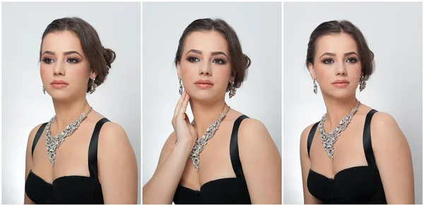 Kapsel en make-up - mooie vrouwelijke kunst portret met mooie ogen. Elegantie. Echte natuurlijke brunette met jewelries in studio. Portret van een aantrekkelijke vrouw met rode lippen en creatieve make-up — Stockfoto