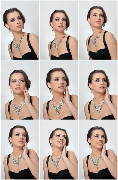 Frisur und Make-up - schöne weibliche Kunst Porträt mit schönen Augen. Eleganz. echte natürliche Brünette mit Schmuck im Studio. Porträt einer attraktiven Frau mit roten Lippen und kreativem Make-up — Stockfoto