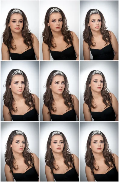 Kapsel en make-up - mooie vrouwelijke kunst portret met mooie ogen. Echte natuurlijke brunette met sieraden, studio opname. Portret van een aantrekkelijke vrouw met tiara en creatieve make-up — Stockfoto