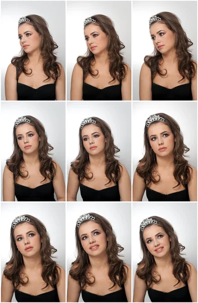 Kapsel en make-up - mooie vrouwelijke kunst portret met mooie ogen. Echte natuurlijke brunette met sieraden, studio opname. Portret van een aantrekkelijke vrouw met tiara en creatieve make-up — Stockfoto