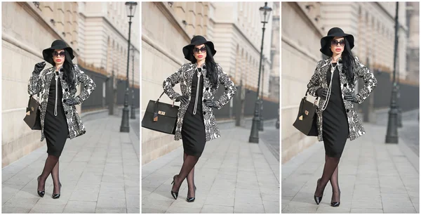 Привлекательная молодая женщина в зимний кадр моды. Красивая модная молодая девушка в черном позирует на авеню. Элегантная брюнетка в шляпе, солнцезащитных очках и сумочке в городских пейзажах . — стоковое фото