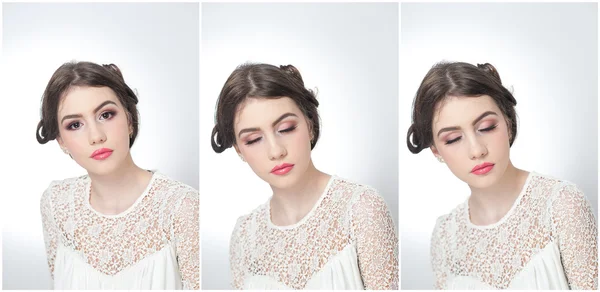 El peinado y el maquillaje - el retrato hermoso de la muchacha joven con los ojos cerrados. Genuina morena natural, filmada en estudio. Atractiva hembra con hermosos labios en blusa de encaje blanco, sobre fondo blanco — Foto de Stock